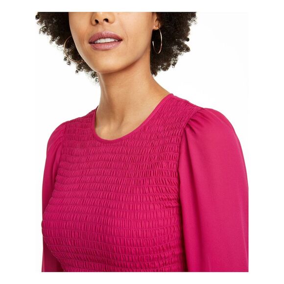 LEYDEN Womens Textured Smocked Long Sleeve Jewel Neck Evening Peplum Top - Picture 3 of 4